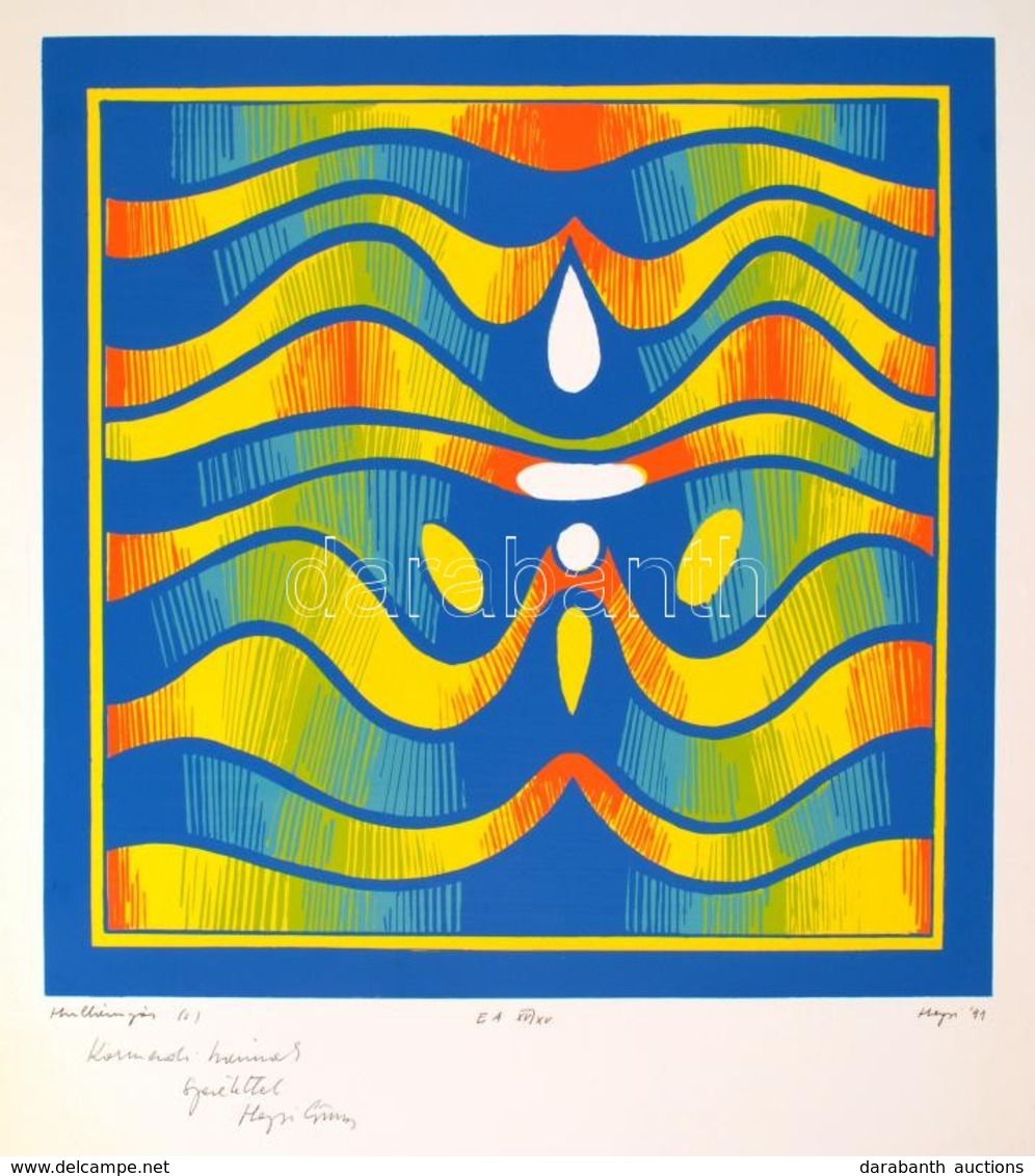 Hegyi György (1922-2001): Hullámzás. Szitanyomat (XV/XV), Papír, Jelzett, üdvözlő Sorokkal, Apró Szakadással, 40×39 Cm - Sonstige & Ohne Zuordnung
