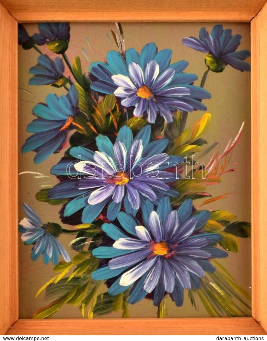 Jelzés Nélkül: Kék Virágcsokor. Olaj, Karton. 17,5 X14,5 Cm Keretben - Autres & Non Classés