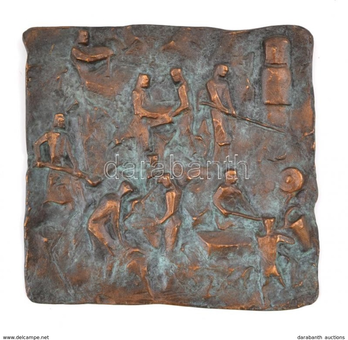 Jelzett (Röperwerk) Gyári Munkások, Bronz Relief, 15×16 Cm - Autres & Non Classés