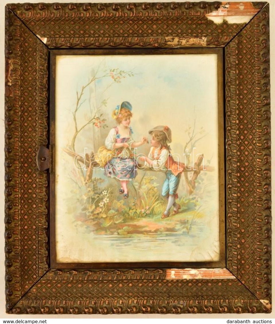 Cca 1880 Romantikázó Ifjak (2 Db), Színes Litográfia, Nyitható üveglapok Között, Antik Sérült Keretben, 24×19 Cm - Autres & Non Classés