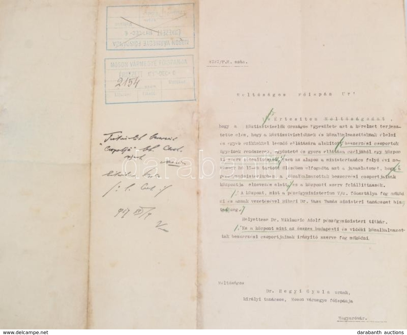 1917 Okirat A Mosoni Főispán Részére Wekerle Pénzügyminiszter Aláírásának Másolatával - Ohne Zuordnung