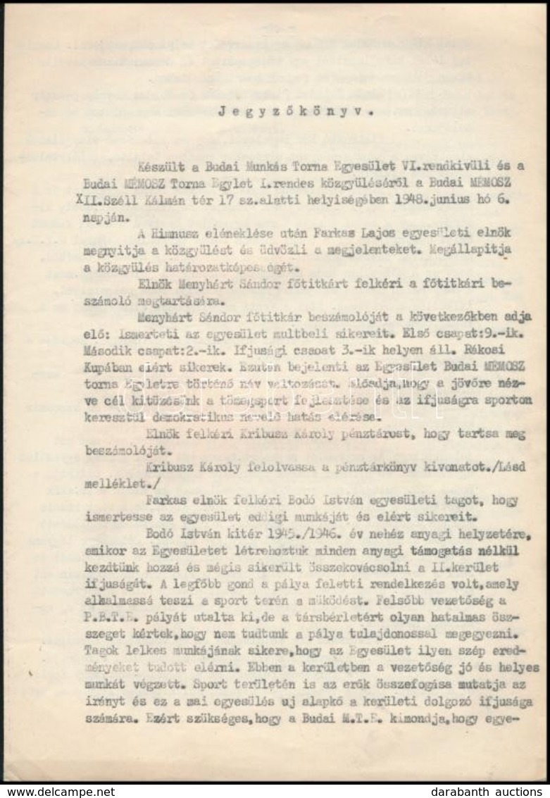 1918 Budai Munkás Torna Egylet Közgyűlési Jegyzőkönyve, Aláírásokkal - Ohne Zuordnung