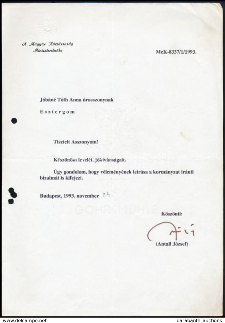 Antall József (1932-1993) Miniszterelnök Aláírása Nyomtatott Levélen - Autres & Non Classés