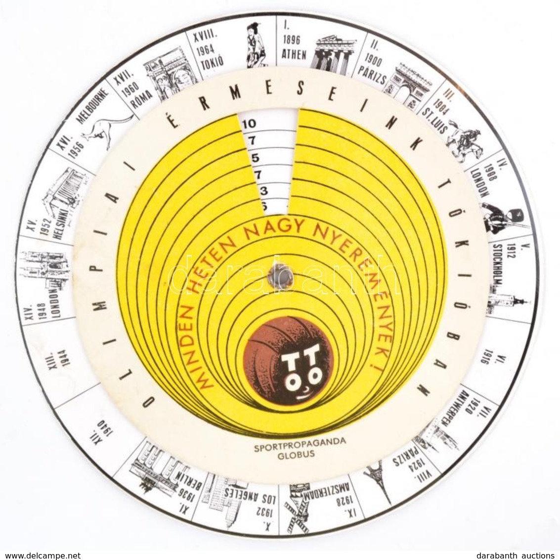 1964 Toto, Mexikói Olimpia Mechanikus Reklám Nyomtatvány, A Különböző Olimpiákon Szerezett érmek Számával, D: 16 Cm - Publicités