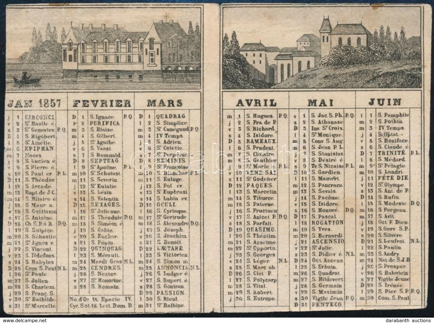 1857 Fametszetes Képes Kártyanaptár. Körülvágott. 9,5x7 Cm - Publicités