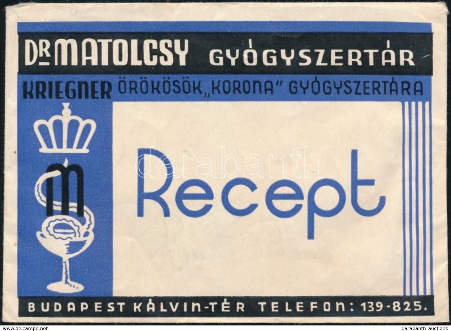 Dr. Matolcsy Gyógyszertár Budapest Kálvin Tér Receptborítékja - Publicités
