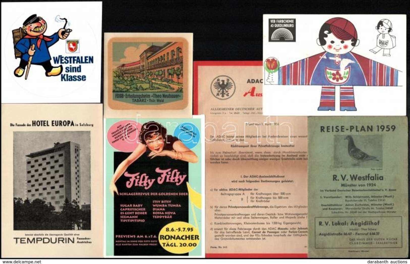 7 Db Vegyes Német Nyomtatvány, Közte Matrica és Hotelajánló (Reiseplan 1959 R.V. Westfalia, Hotel Europa Salzburg, ADAC  - Publicités