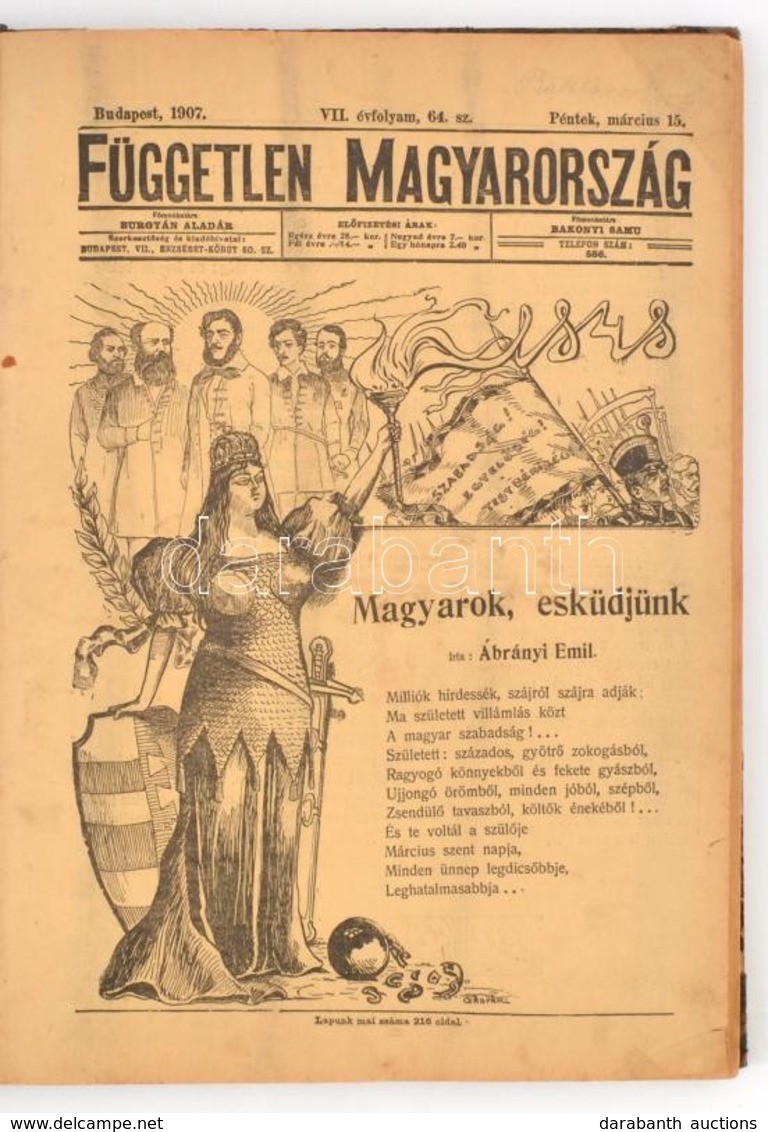 1907 Budapest, Független Magyarország, VII. évfolyam 64. Szám. Könyvbe Kötve, 198 P. - Werbung