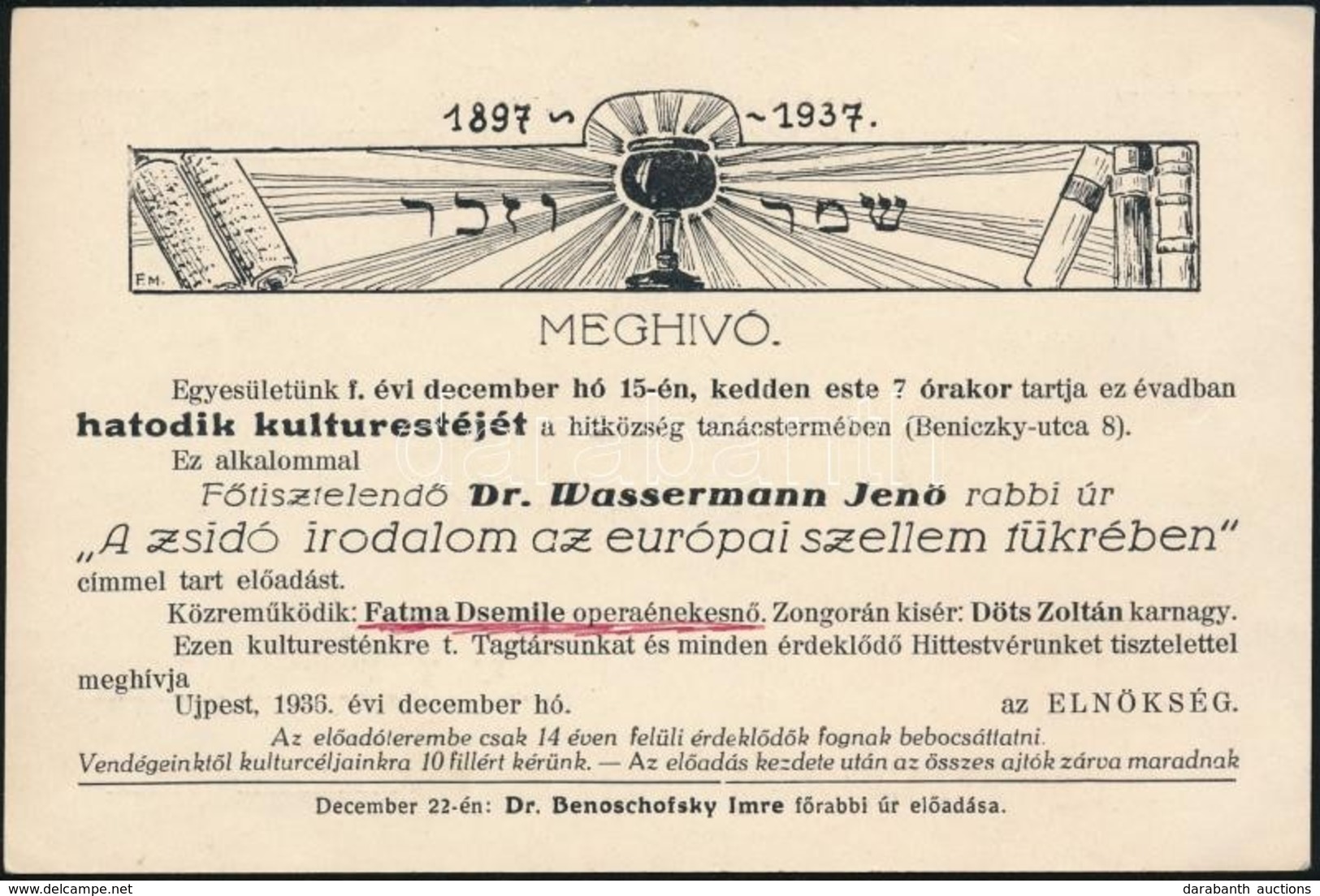 1936 Meghívó A Dr. Venetianer Lajos Izraelita Közművelődési Egyesület Újpest által Szervezett Kultúrestre, 'A Zsidó Irod - Autres & Non Classés