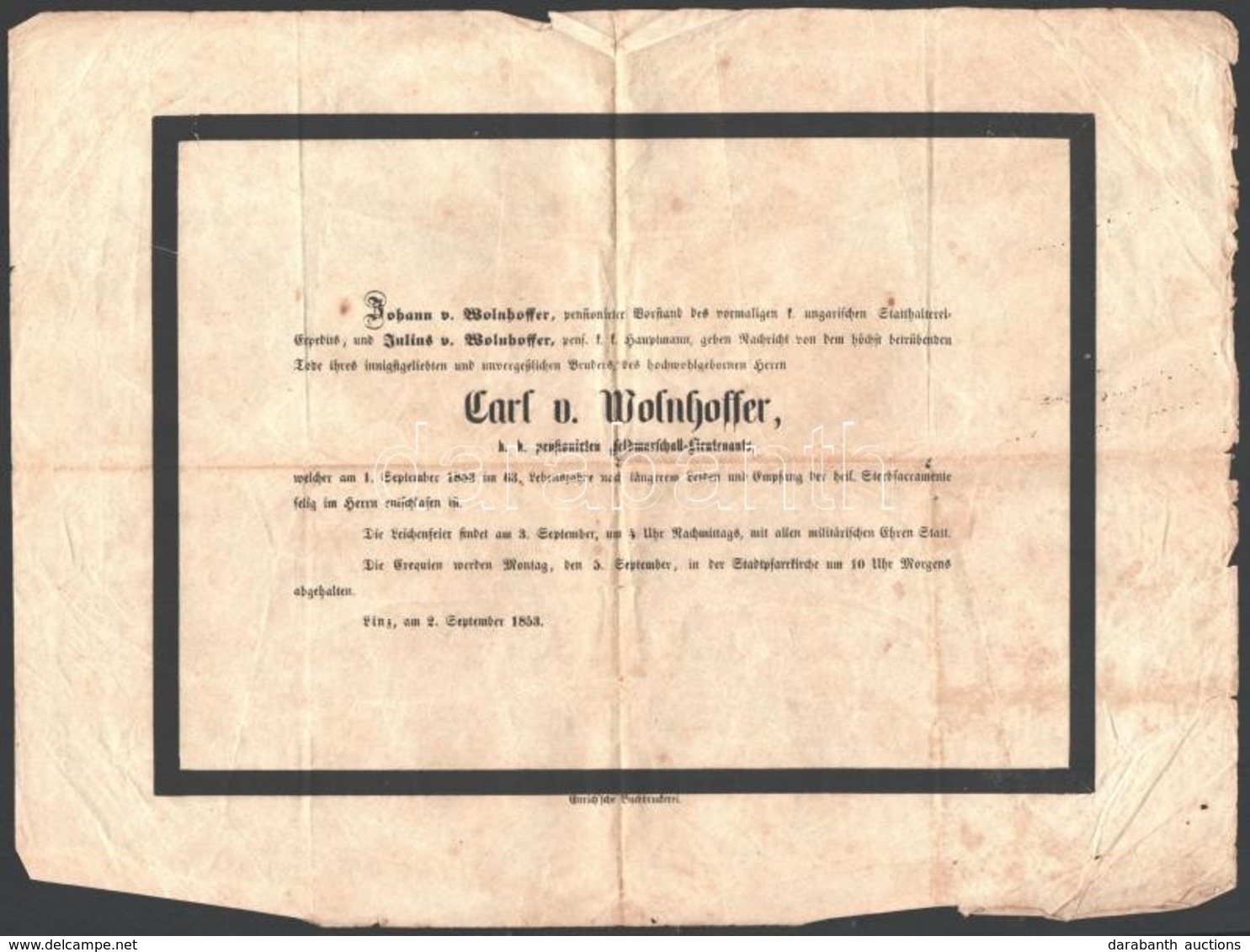 1853 Linz, Carl Von Wolnhoffer (1790-1853) Cs. és Kir. Ny. Altábornagy Német Nyelvű Halálozási értesítője, Hajtásnyomokk - Sonstige & Ohne Zuordnung