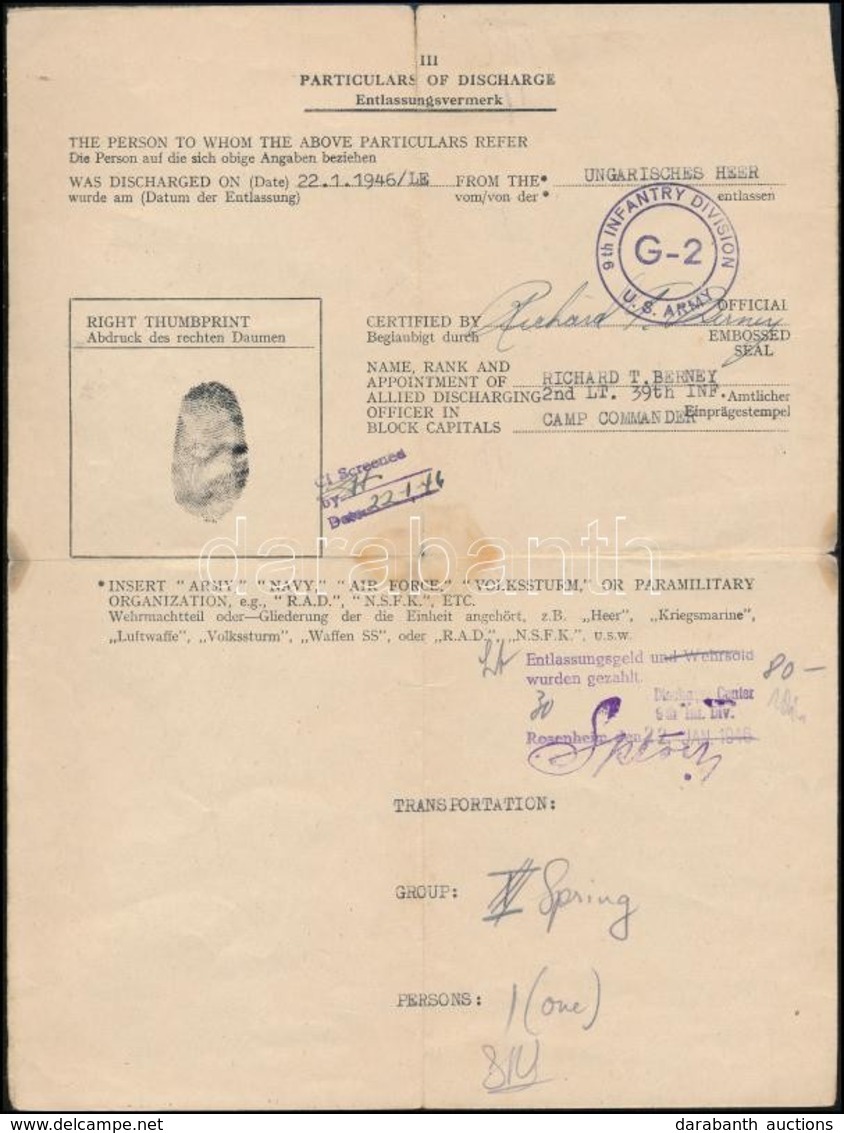 1946 Amerikai Leszerelési Papír Magyar Katona Részére / US Discharge Document For Hungarian Soldier. - Sonstige & Ohne Zuordnung