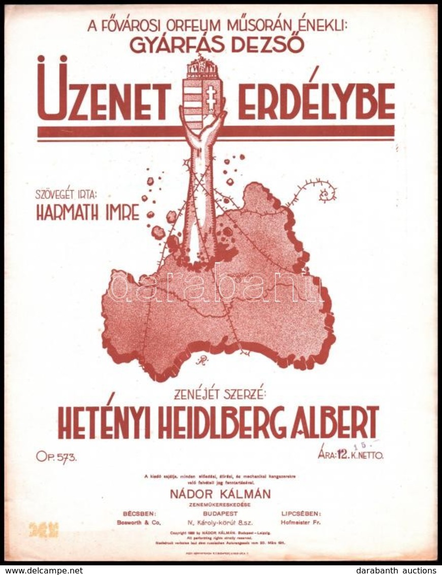 1920 Harmath Imre-Hetényi Heidlberg Albert: Üzenet Erdélybe. Szövegét írta: - -. Zenéjét Szerzé: - -. Illusztrált Címlap - Sonstige & Ohne Zuordnung