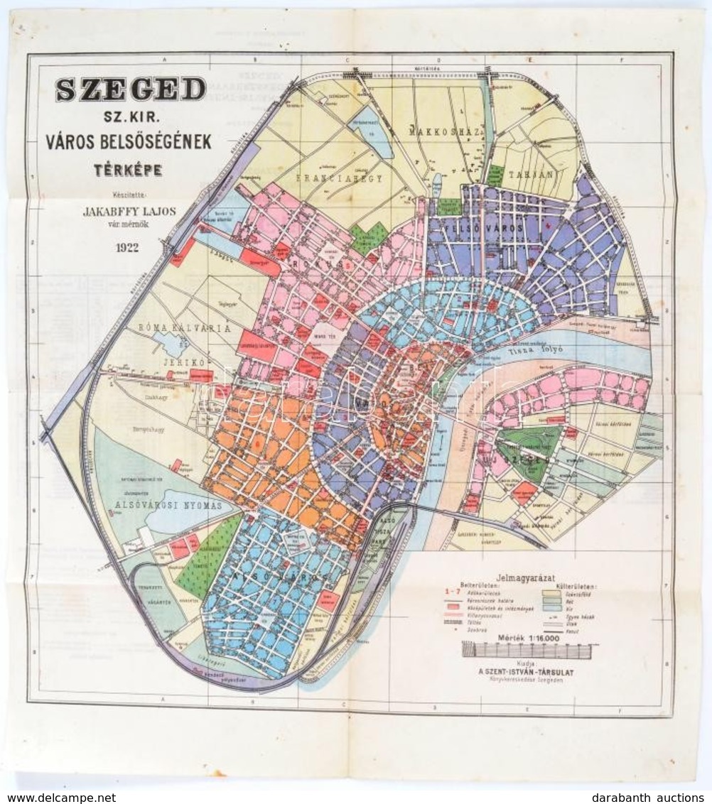 1922 Szeged Sz, Kir. Város Belsőségének Térképe. Készített Jakabffy Lajos. 38x42 Cm - Autres & Non Classés