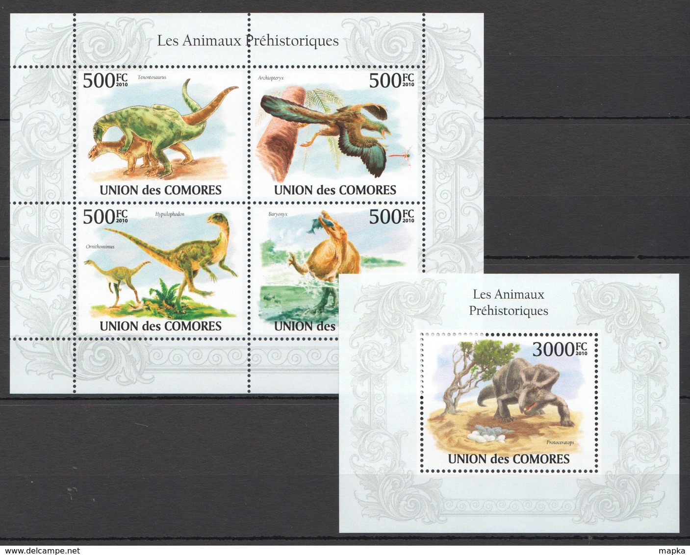 UC258 2010 UNION DES COMORES LES ANIMAUX PREHISTORIQUES DINOSAURS 1KB+1BL MNH - Préhistoriques