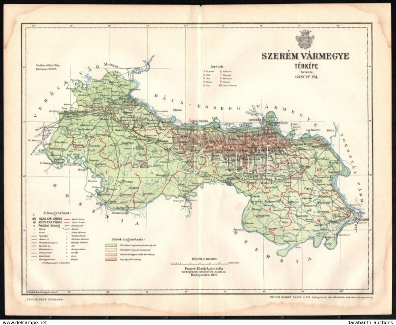 1897 Szerém Vármegye Térképe, Tervezte: Gönczy Pál, Kiadja: Posner Károly Lajos és Fia, 24×29 Cm - Sonstige & Ohne Zuordnung