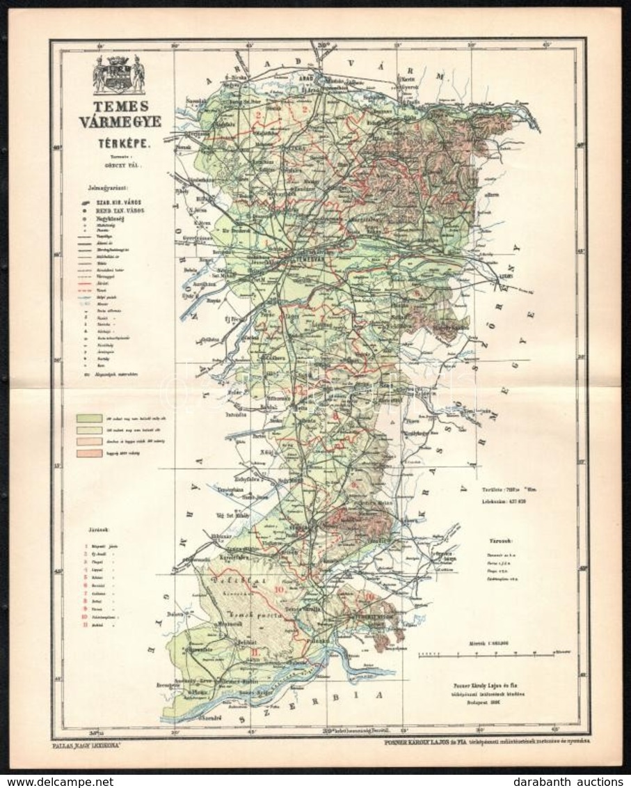 1897 Temes Vármegye Térképe, Tervezte: Gönczy Pál, Kiadja: Posner Károly Lajos és Fia, 24×29 Cm - Sonstige & Ohne Zuordnung