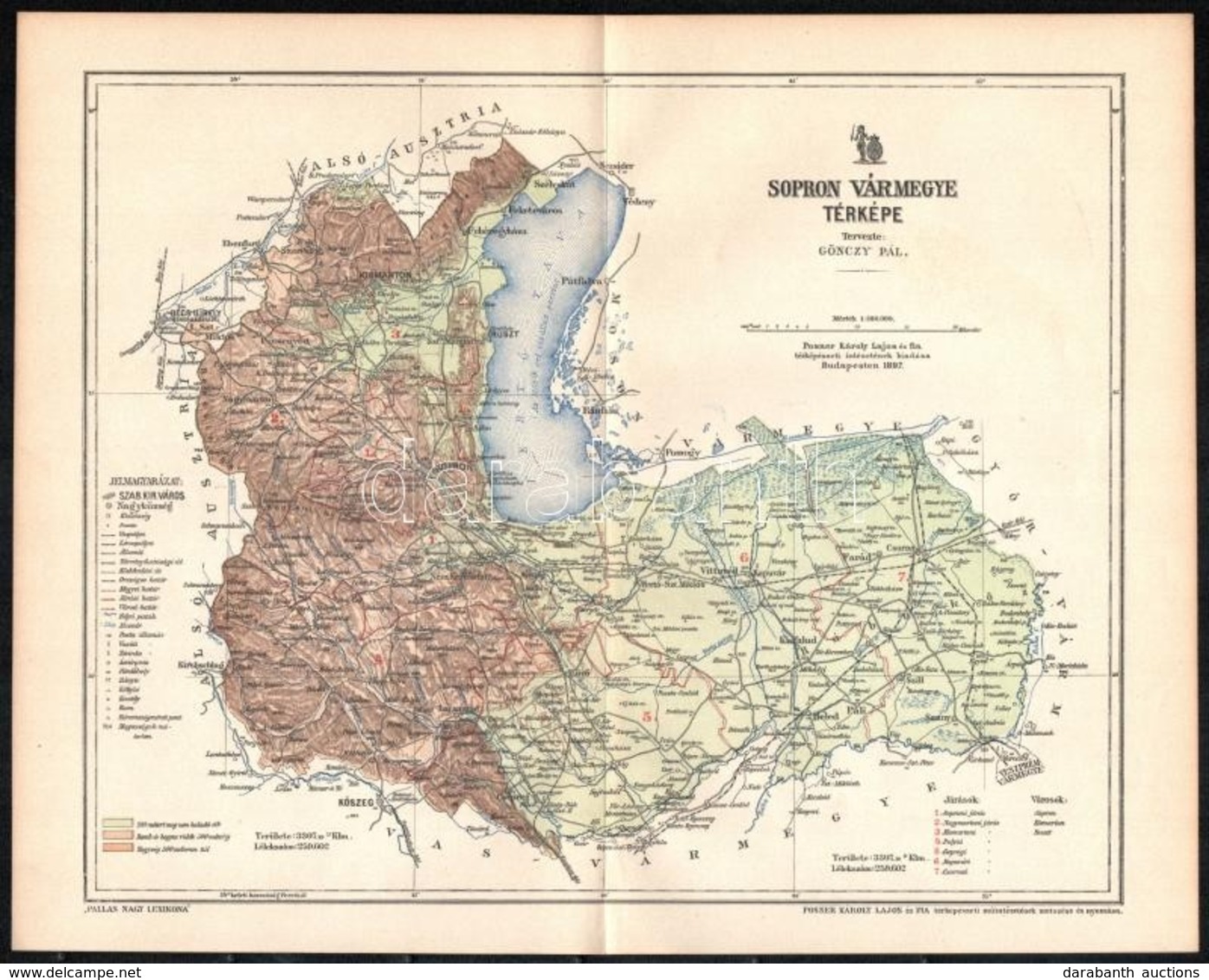 1897 Sopron Vármegye Térképe, Tervezte: Gönczy Pál, Kiadja: Posner Károly Lajos és Fia, 24×29 Cm - Sonstige & Ohne Zuordnung