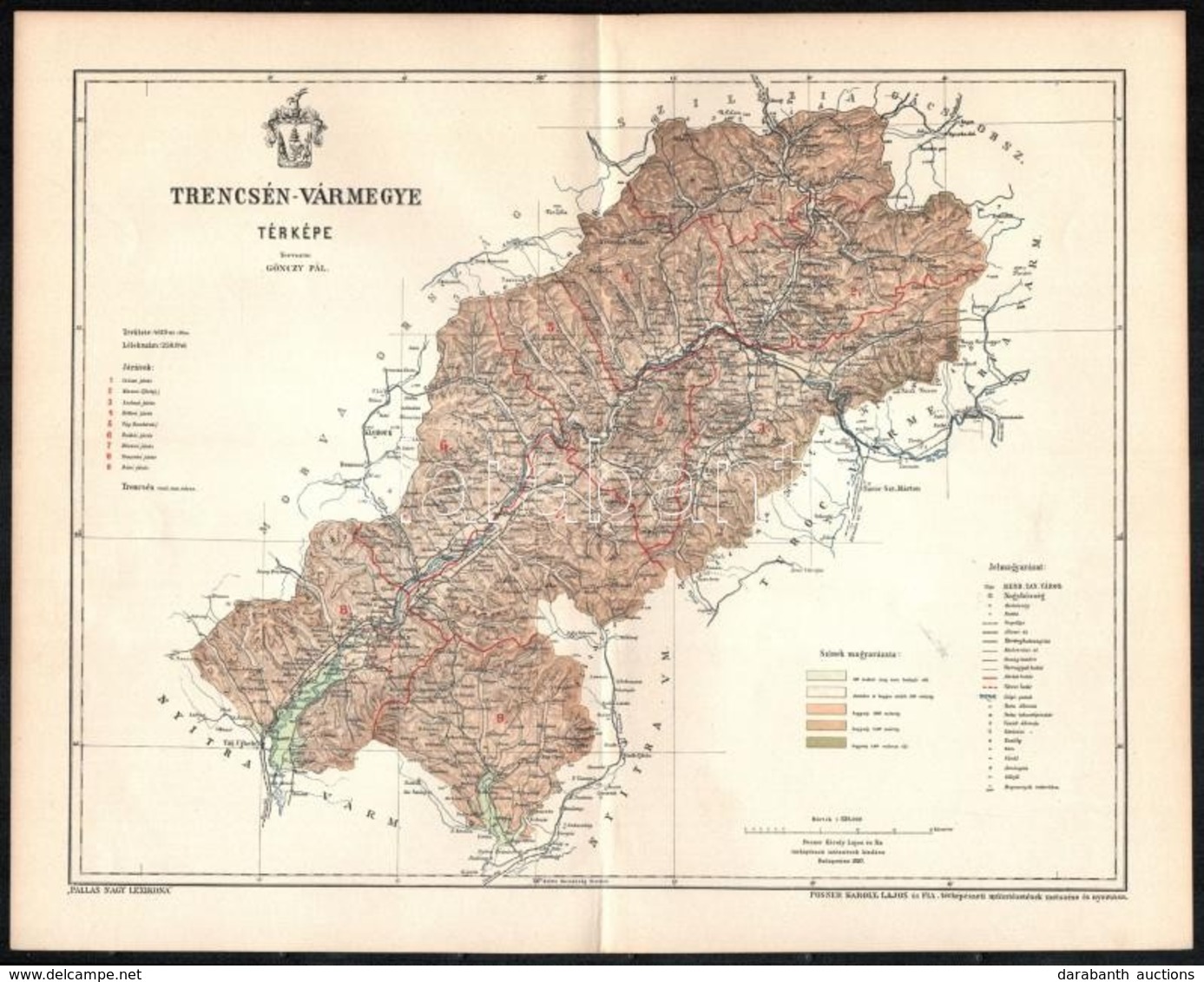 1897 Trencsén Vármegye Térképe, Tervezte: Gönczy Pál, Kiadja: Posner Károly Lajos és Fia, 24×29 Cm - Sonstige & Ohne Zuordnung