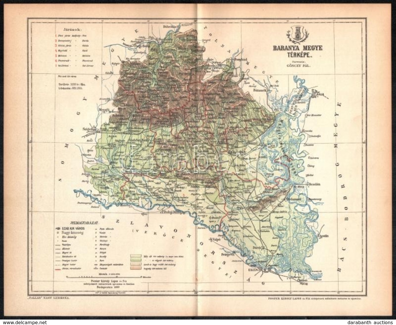 1893 Baranya Vármegye Térképe, Tervezte: Gönczy Pál, Kiadja: Posner Károly Lajos és Fia, 24×29 Cm - Sonstige & Ohne Zuordnung