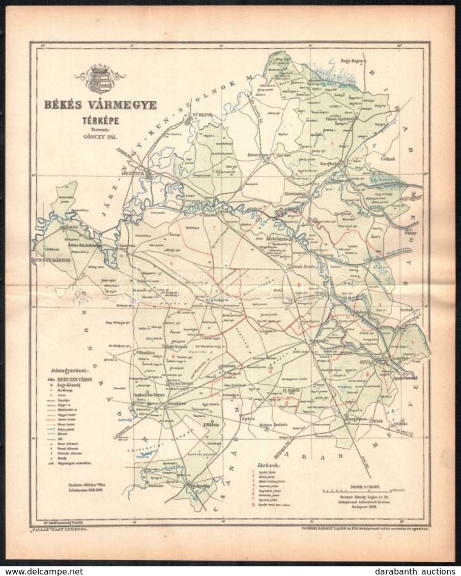 1893 Békés Vármegye Térképe, Tervezte: Gönczy Pál, Kiadja: Posner Károly Lajos és Fia, 24×29 Cm - Sonstige & Ohne Zuordnung