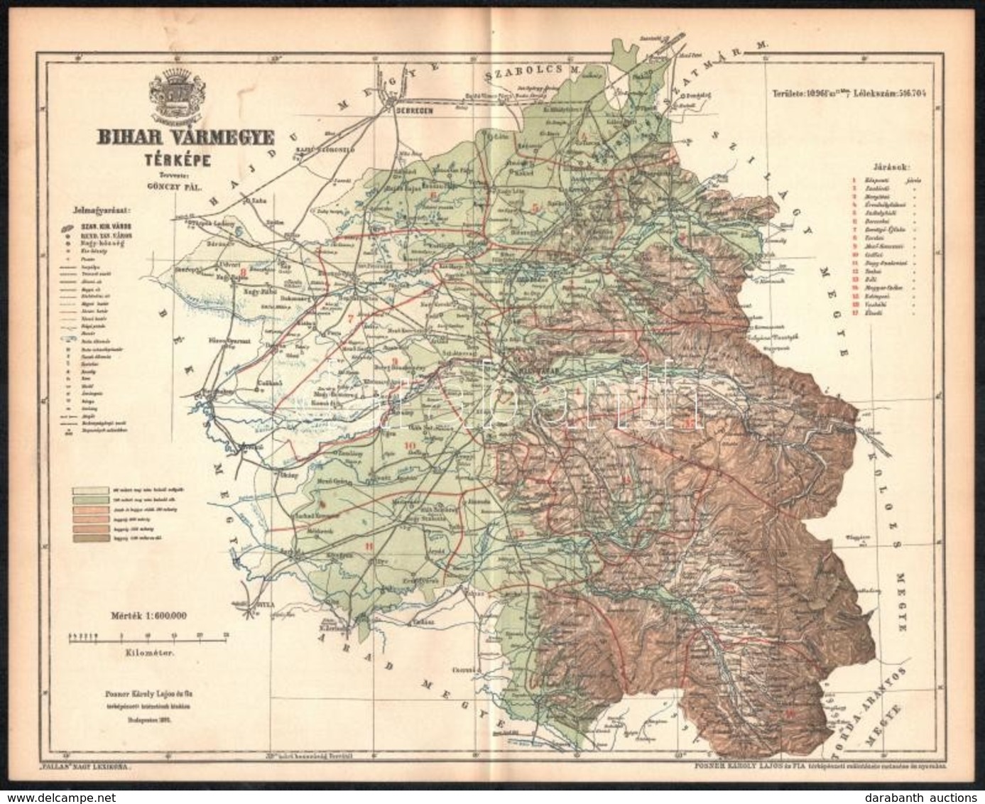 1893 Bihar Vármegye Térképe, Tervezte: Gönczy Pál, Kiadja: Posner Károly Lajos és Fia, 24×29 Cm - Sonstige & Ohne Zuordnung