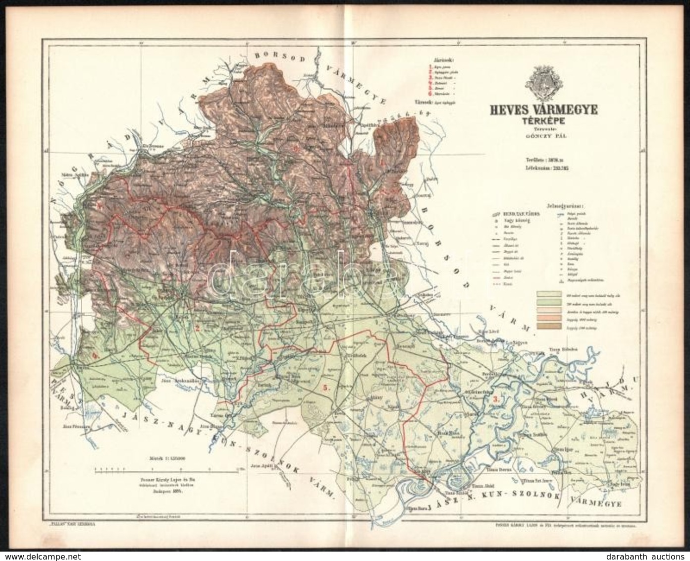 1894 Heves Vármegye Térképe, Tervezte: Gönczy Pál, Kiadja: Posner Károly Lajos és Fia, 24×29 Cm - Sonstige & Ohne Zuordnung