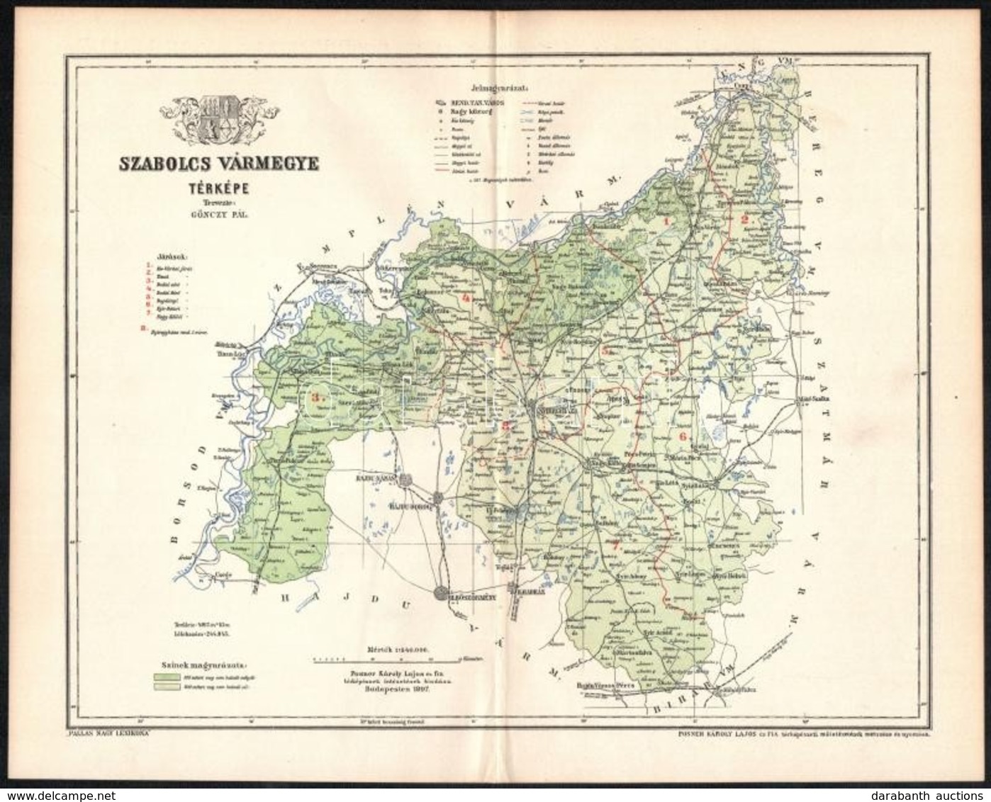 1897 Szabolcs Vármegye Térképe, Tervezte: Gönczy Pál, Kiadja: Posner Károly Lajos és Fia, 24×29 Cm - Sonstige & Ohne Zuordnung