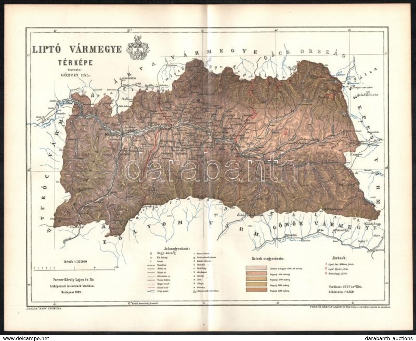 1895 Liptó Vármegye Térképe, Tervezte: Gönczy Pál, Kiadja: Posner Károly Lajos és Fia, 24×29 Cm - Sonstige & Ohne Zuordnung