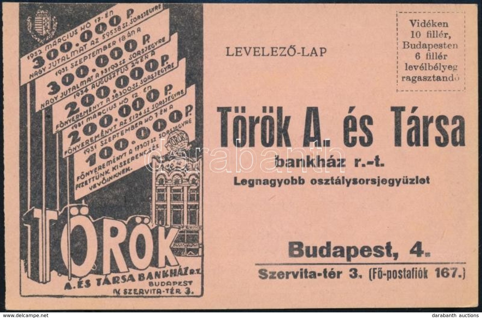 1931 A Török A. és Társa Bankház Osztálysorsjáték Húzásain Résztvevő Sorsjegyek Megrendelési Levelezőlapja - Ohne Zuordnung