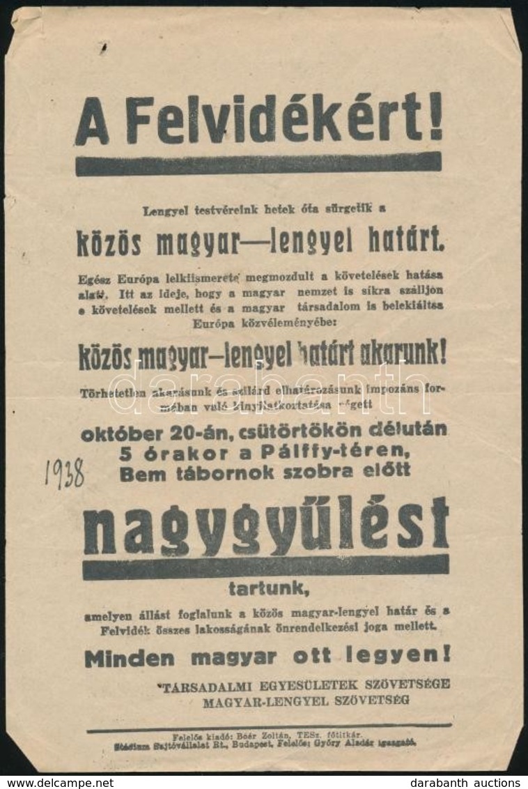 1938 'A Felvidékért! Közös Lengyel-magyar Határt!' Röplap - Ohne Zuordnung