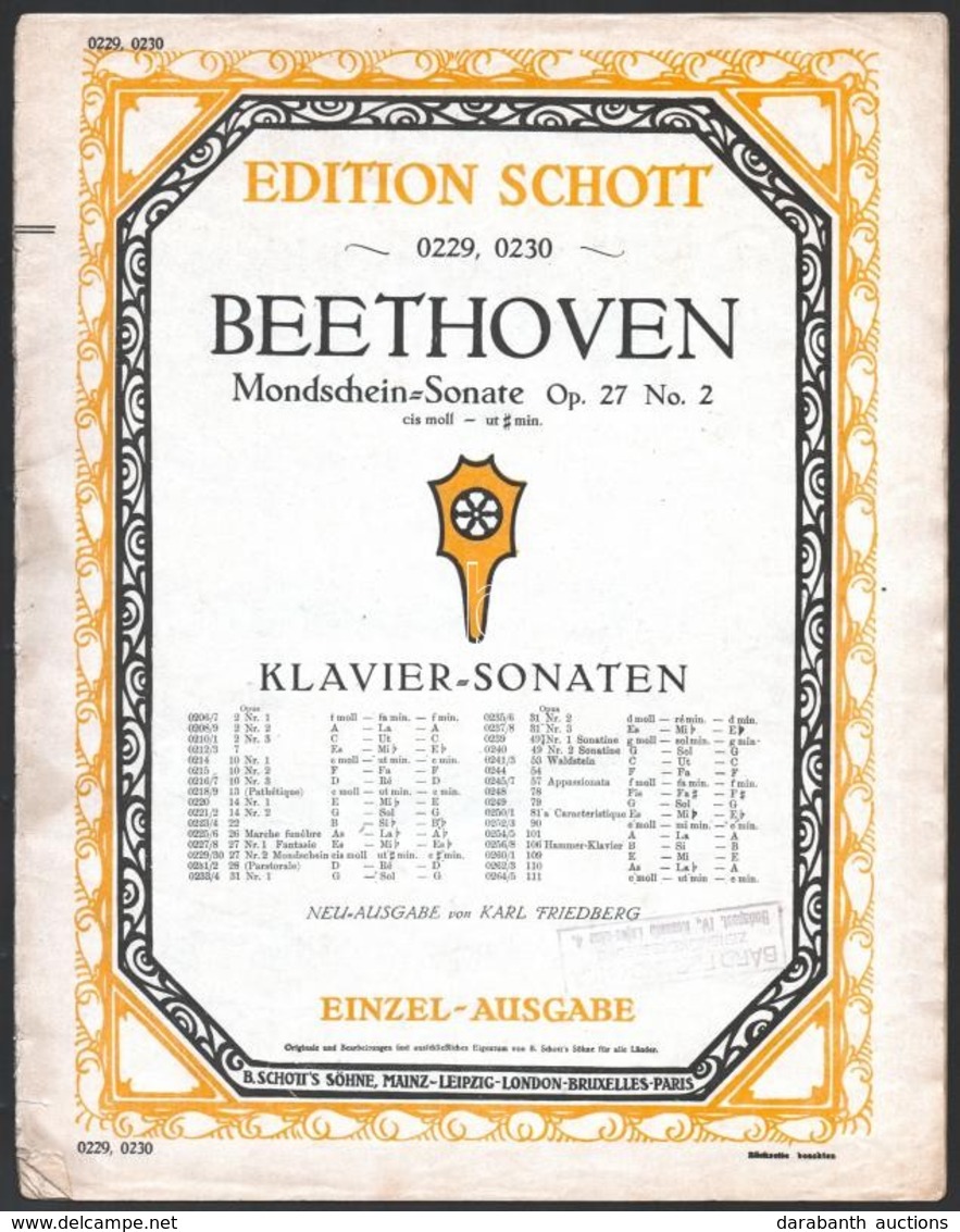 Beethoven Mondschein-Sonate Op. 27 N. 2. (Holdfény Szonáta.) Edition Schott. A Borító Levált A Kottáról. - Sonstige & Ohne Zuordnung