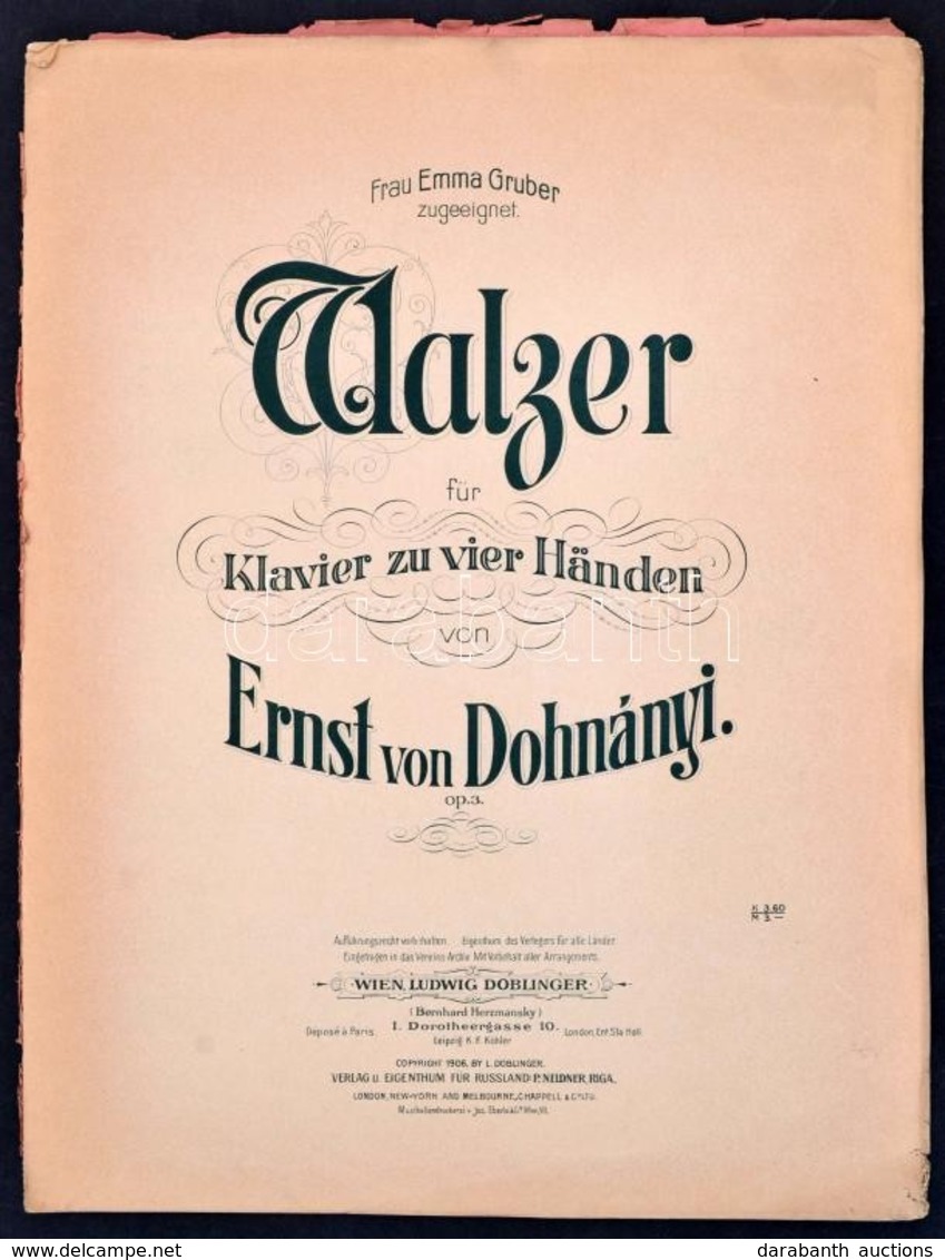 Dohnányi Ernő: Walzer Für Klavier Zu Vier Händen. Leipzig-Wien, Ludwig Doblinger. Papírkötésben, Hiányos Borítóval, A Bo - Autres & Non Classés