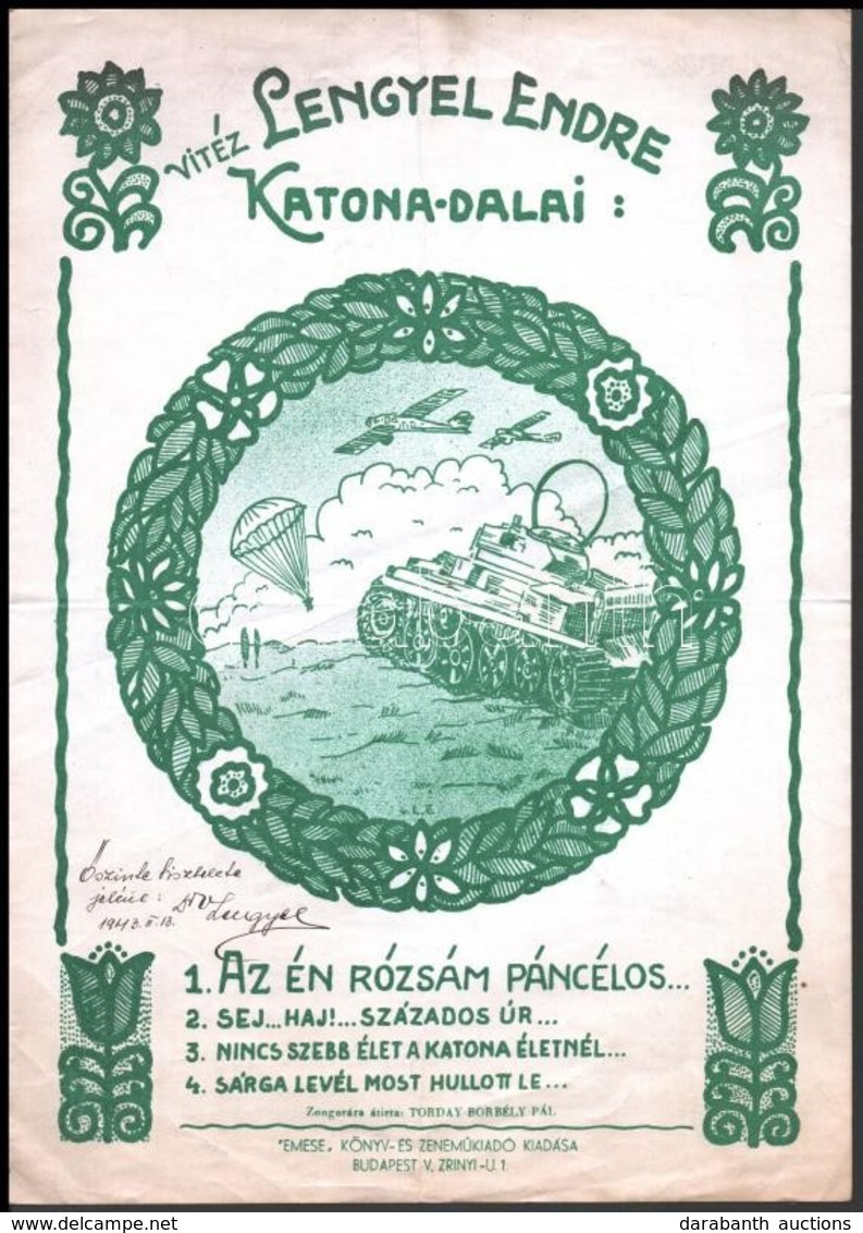 1942 Vitéz Lengyel Endre: Katona Dalai. Bp., 'Emese' Könyv- és Zeneműkiadó. A Szerző által Dedikált, Dátumozott (1943. I - Autres & Non Classés