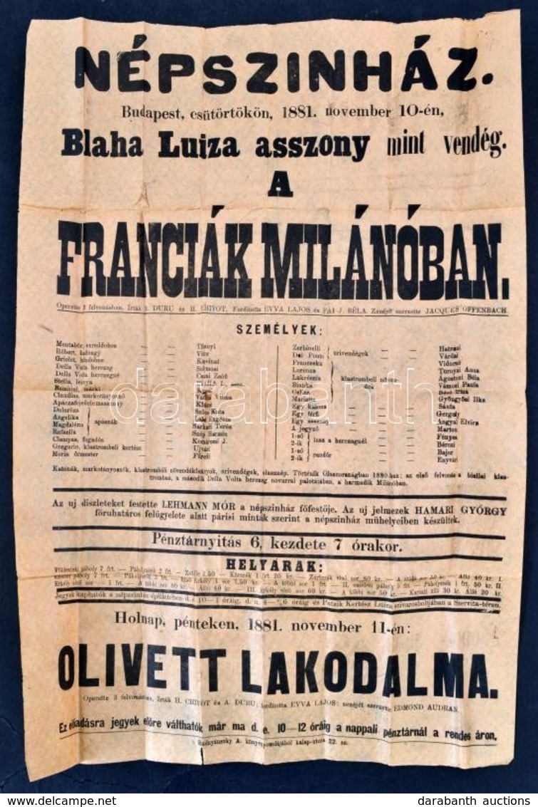 1881 Népszínház: A Franciák Milánóban, Blaha Lujzával A Szereplők Között, 1881. Nov. 10., Színházi Plakát, Bp., Rudnyáns - Other & Unclassified