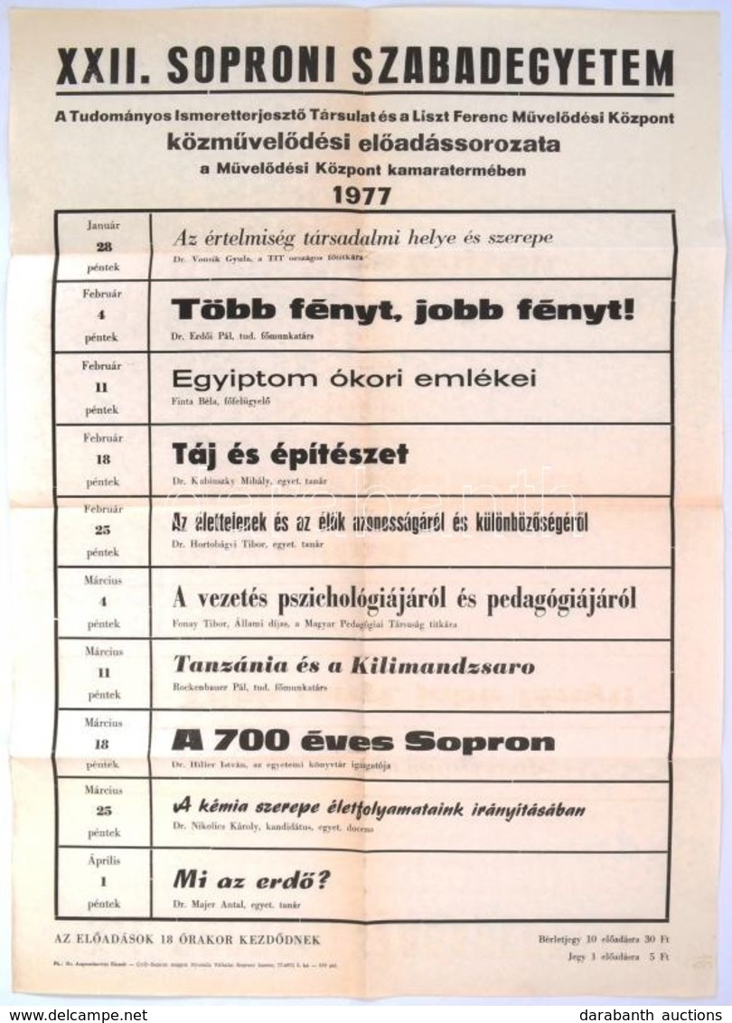 1977 XXII. Soproni Szabadegyetem Előadásainak Plakátja, Sopron, Győr-Sopron Megyei Nyomda Vállalat, Megjelent 200 Példán - Sonstige & Ohne Zuordnung