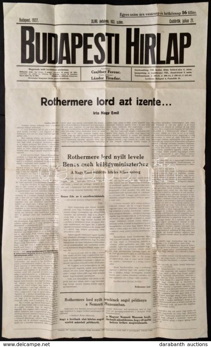 1927 A Budapesti Hírlap Hirdetménye Az Aktuális Számról, érdekes Hírekkel, Hajtott, 94×126 - Autres & Non Classés