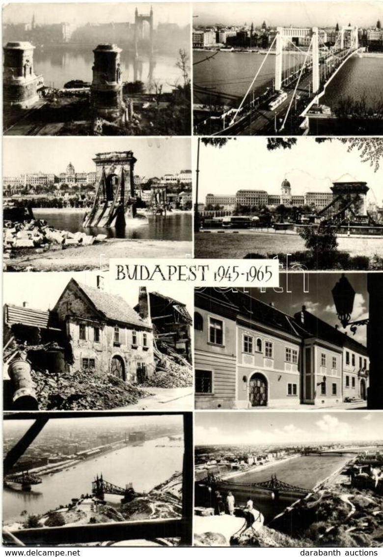 ** T3 Budapest 1945-1965 - Nagyalakú Modern Képeslap, II. Világháborúban Lerombolt Erzsébet Híd, Lánchíd, Szabadság Híd, - Non Classés