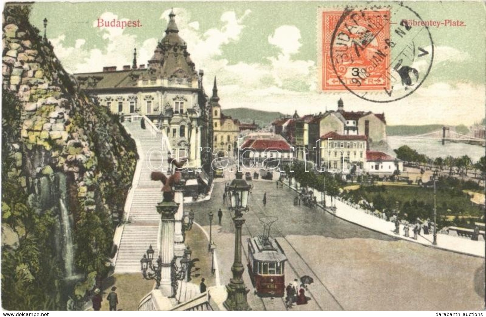 T2 1908 Budapest I. Tabán, Döbrentei Tér, Czigler-féle Sarok Palota, Villamos, Keller Ignác Tabáni Bor és Sörcsarnoka. T - Ohne Zuordnung