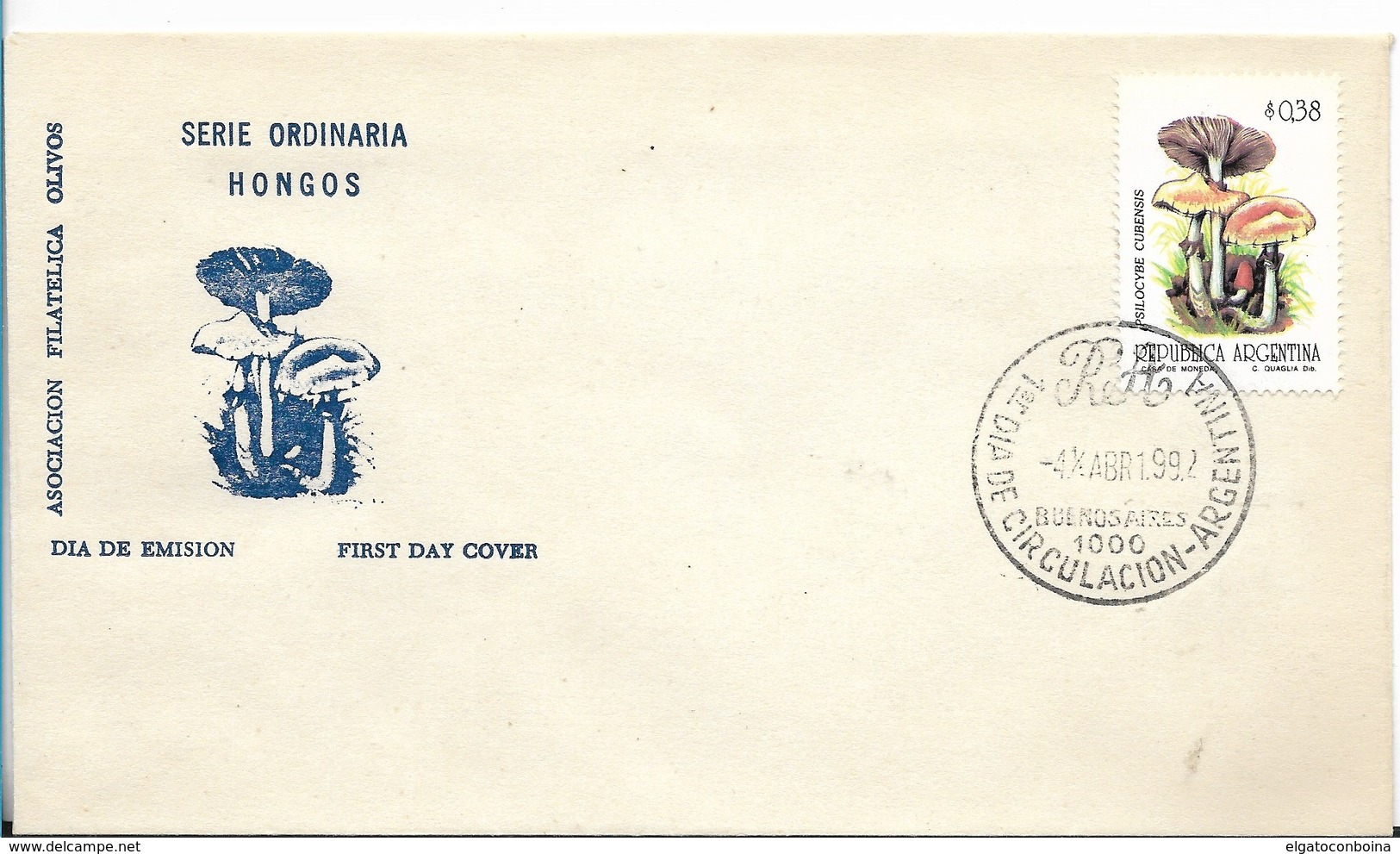 ARGENTINA 1992 MUSHROOM 0,38 CENTS ON FIRST DAY COVER FDC - FDC