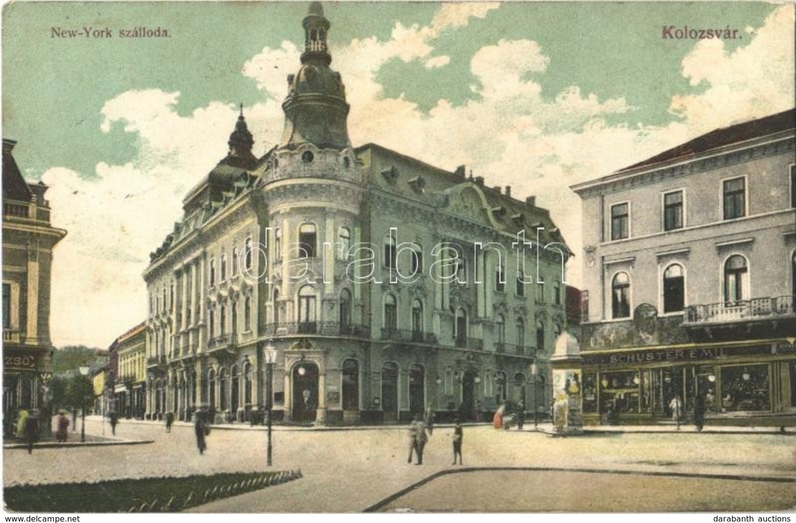 T2/T3 1912 Kolozsvár, Cluj; New York Szálloda, Schuster Emil üzlete és Saját Kiadása / Hotel, Publisher's Shop - Ohne Zuordnung