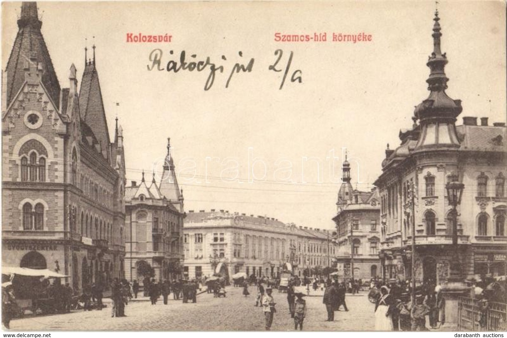 T2 1911 Kolozsvár, Cluj; Szamos Híd Környéke, Gyógyszertár, Piaci árusok, üzletek. Keszey Albert Kiadása / Pharmacy, Mar - Ohne Zuordnung