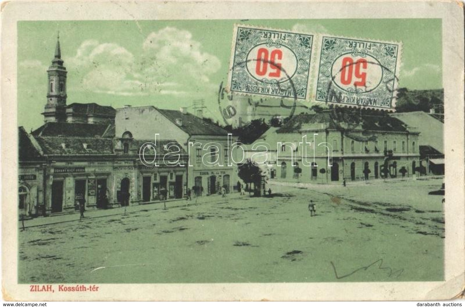 T2/T3 1919 Zilah, Zalau; Kossuth Tér, Templom, Seres Samu, Éder M. és Fia, Pergei üzlete / Square, Church, Shops (kopott - Non Classés