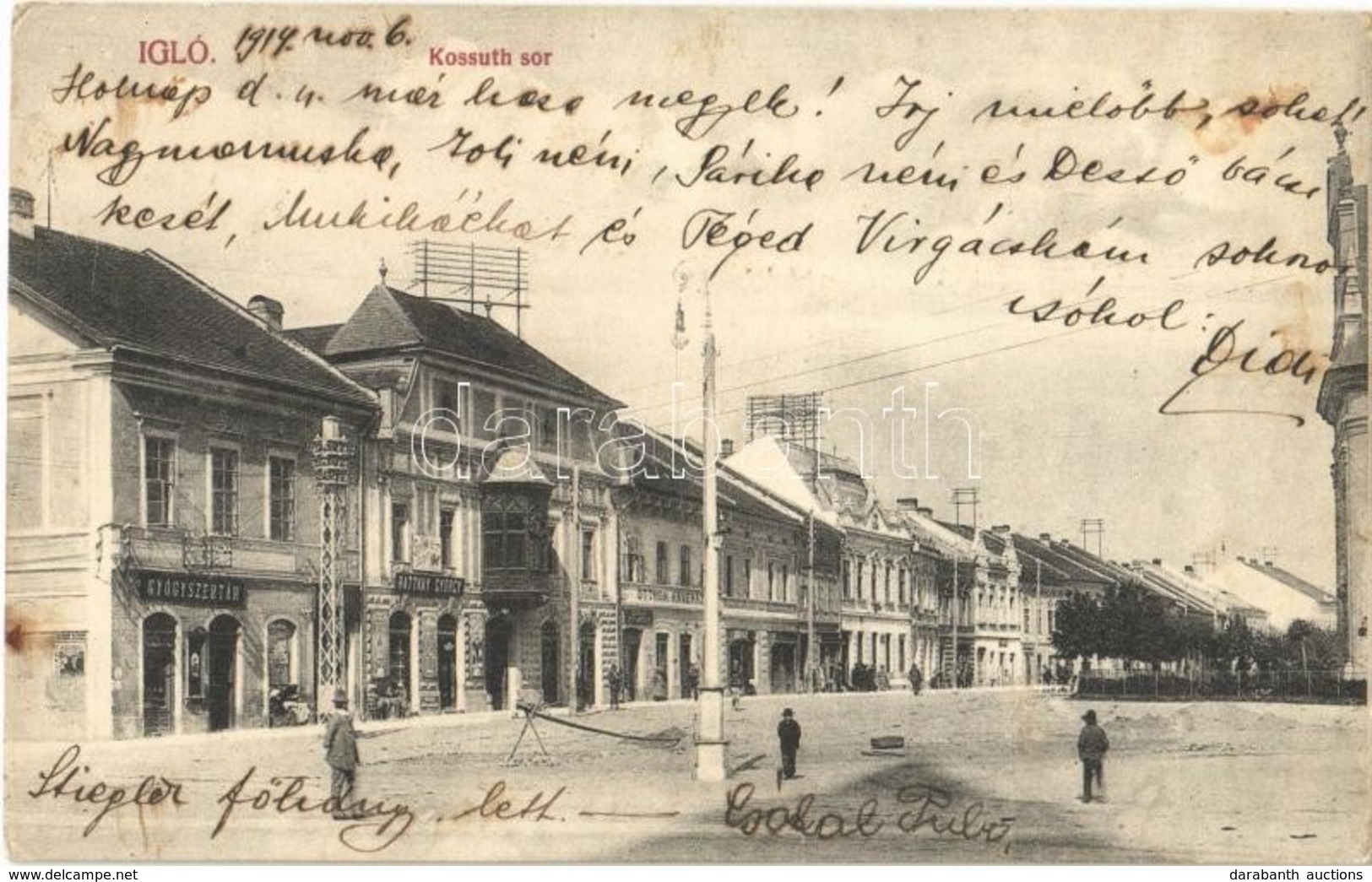 T2 1914 Igló, Zipser Neudorf, Spisská Nová Ves; Kossuth Sor, Gyógyszertár, Rattkay György üzlete, Otthon Kávéház. DIvald - Sonstige & Ohne Zuordnung