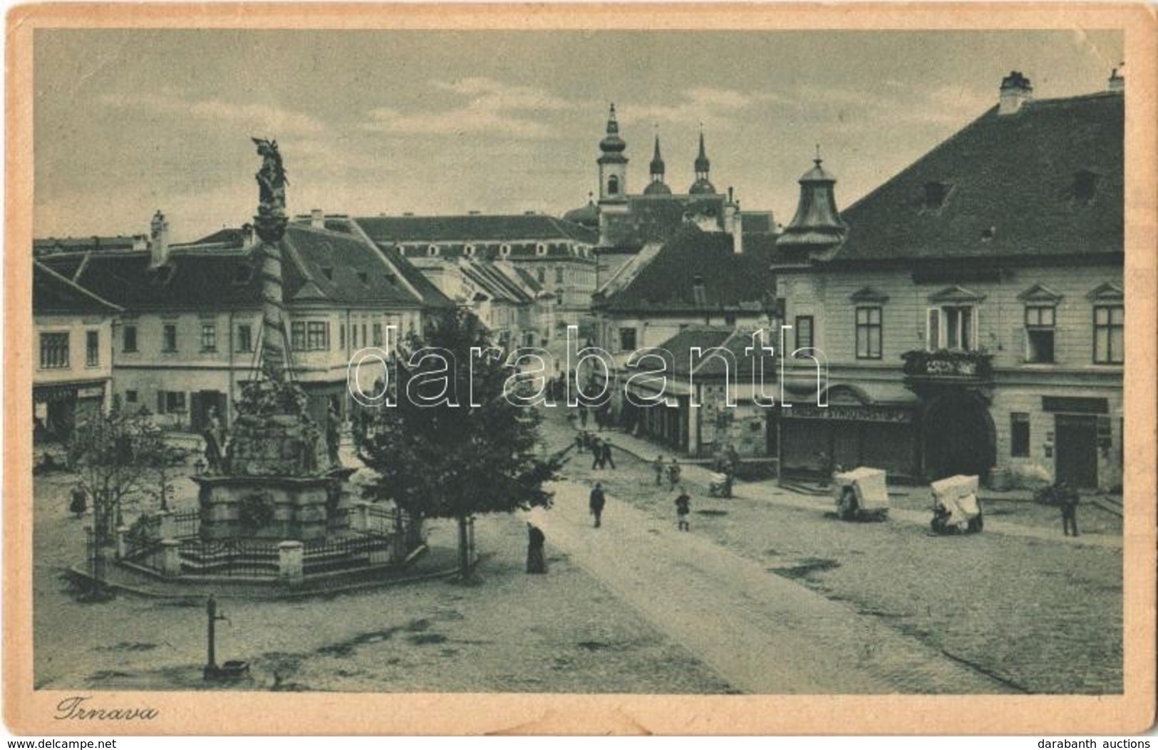 T2/T3 Nagyszombat, Tyrnau, Trnava; Fő Tér, Szentháromság Szobor, üzletek / Main Square, Trinity Statue, Shops (EK) - Autres & Non Classés