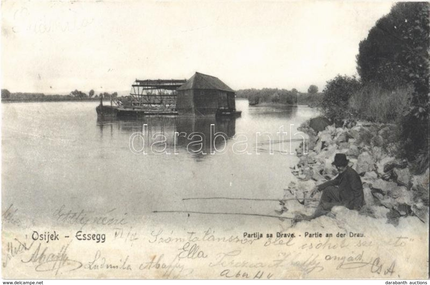 T3 1904 Eszék, Esseg, Osijek; Dráva Part, úszó Vízi Hajómalom (vízimalom) / Drava Riverside, Floating Watermill (boat Mi - Autres & Non Classés