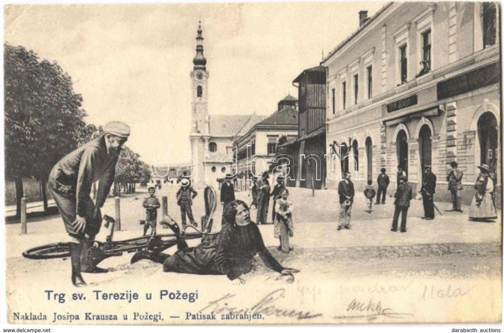 T3 1903 Pozsega, Pozega; Trg Sv. Terezije. Naklada Josipa Krausza / Square, Church, Shops. Montage With Bicycle Accident - Autres & Non Classés