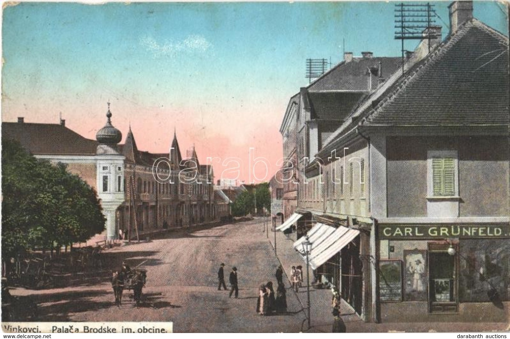 T2/T3 1914 Vinkovce, Vinkovci; Palaca Brodske Im. Obcine / Utcakép, Palota, Carl Grünfeld üzlete / Palace, Shop Of Carl  - Sonstige & Ohne Zuordnung