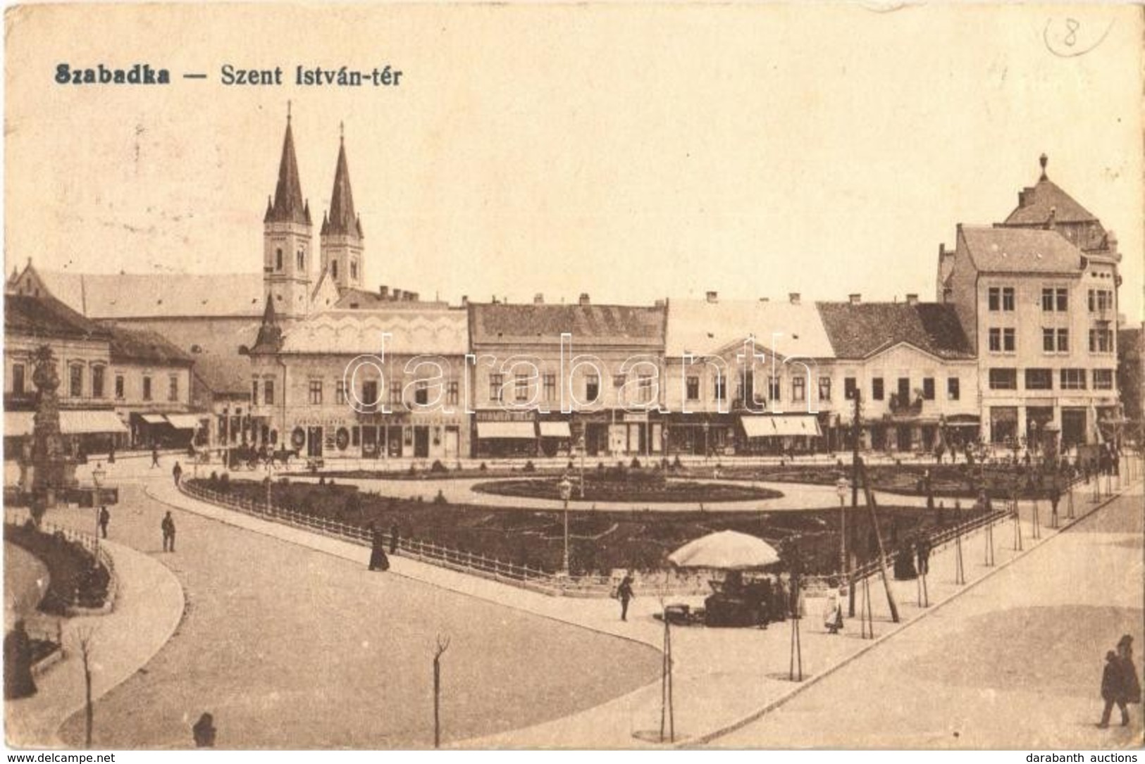 T2/T3 Szabadka, Subotica; Szent István Tér, Gyógyszertár, Kramer Béla üzlete / Square, Pharmacy, Shops  (EK) - Ohne Zuordnung