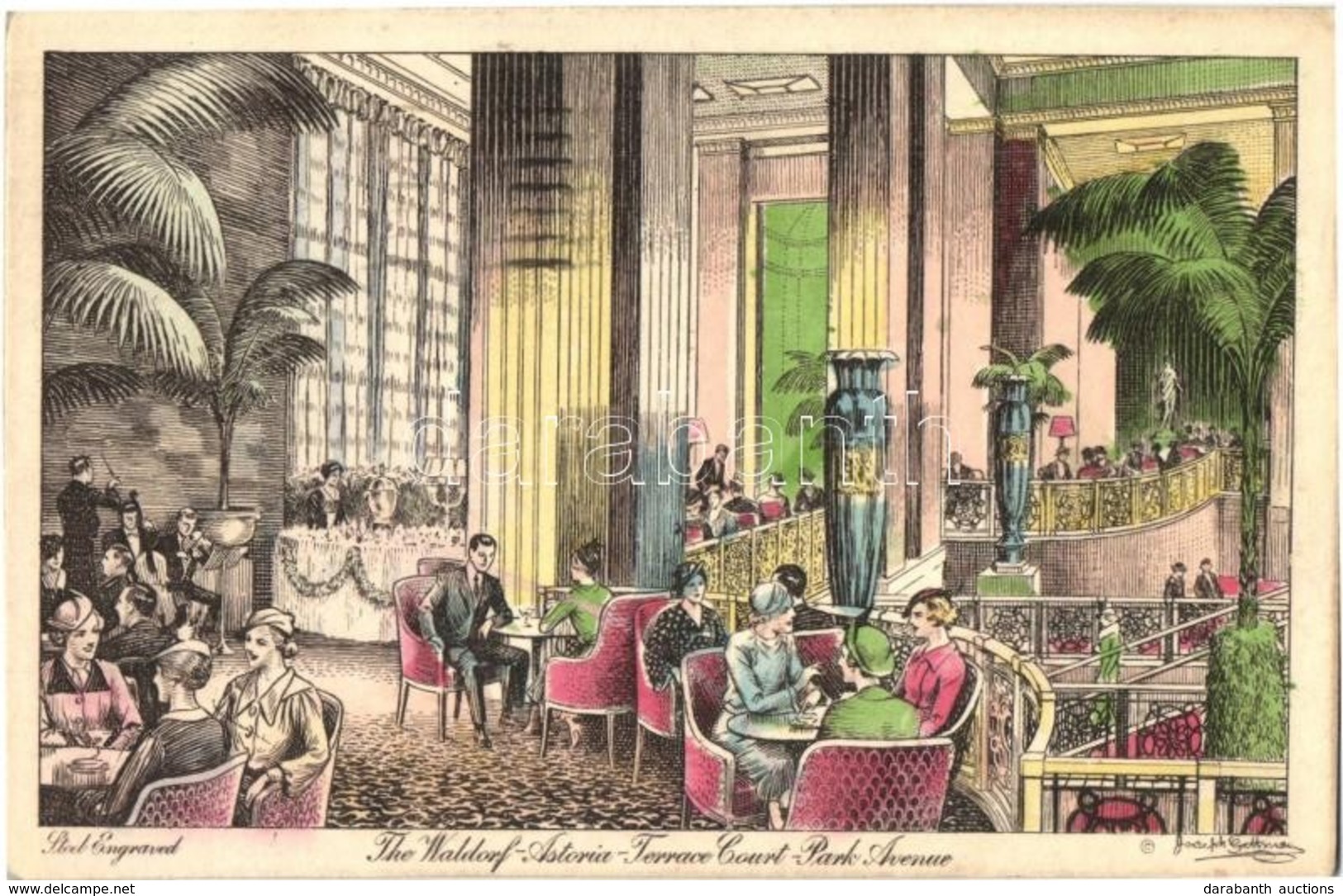 * T2/T3 1937 New York, The Waldorf Astoria Terrace Court At Park Avenue. Steel Engraved - Autres & Non Classés