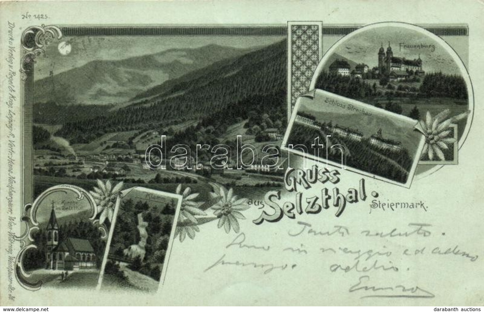 T2 1898 Selzthal, Frauenburg, Schloss Strechau, Klamm, Kirche / Castle, Church, Floral, Art Nouveau Litho. Regel & Krug - Sonstige & Ohne Zuordnung